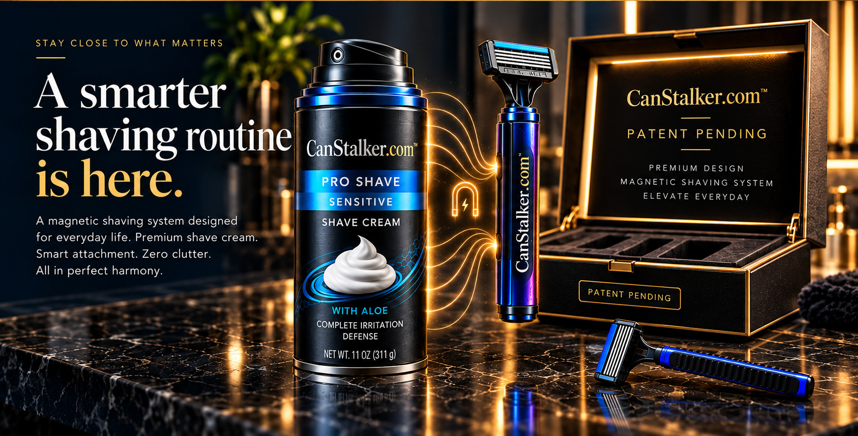 CanStalker magnetic shaving system concept with shaving cream can, holder and razor