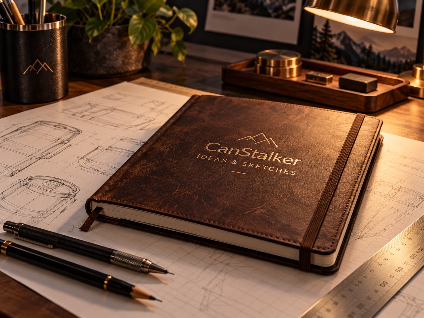 Closed CanStalker Ideas and Sketches journal on a drafting table